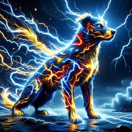 made of golden and blue and red and yellow and purple lightning thunder trails, lthndrtrl, A heroic canine figure, clad in a dynamic superhero suit that crackles with raw, visible thunder energy. The suit might feature bolts of lightning as accents, glow with an electric blue or white light, and even seem to hum with power. The dog's expression should convey determination and bravery, ready to unleash the power of the storm, surreal and intense, Masterpiece level quality, soft lighting, bright lighting, sharp focus, fine details, high quality, precise, high resolution, 4k, 8k,