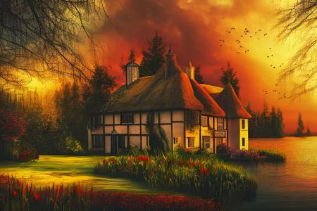 by (phse), High Angle oil painting, (Colonial House:1.2) on a lake, (Log Roof:1.4),Stormy, Dusk,Topiary Garden, alaska