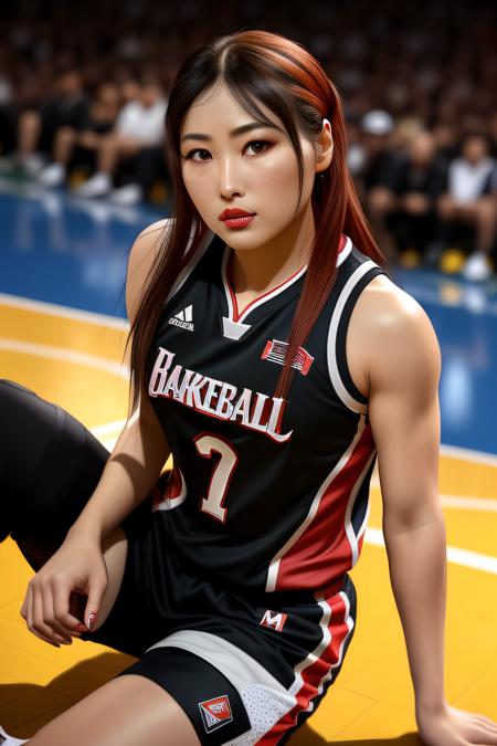 photo of (IySkM01:0.99), a woman as a sexy basketball player, ((perfect hair)), modelshoot style, (extremely detailed CG unity 8k wallpaper), photo of the most beautiful artwork in the world, professional majestic oil painting by Ed Blinkey, Atey Ghailan, Studio Ghibli, by Jeremy Mann, Greg Manchess, Antonio Moro, trending on ArtStation, trending on CGSociety, Intricate, High Detail, Sharp focus, dramatic, photorealistic painting art by midjourney and greg rutkowski, (basketball_uniform:1.2), (basketball shorts:1.2), (sneakers), (on the basketball_court ), (( dribbling_\(basketball\) )), (basketball), ((in a basketball stadium )), (( crowd sitting on the bleachers )), (basketball game), (looking at viewer), (detailed pupils:1.3), (modern outfit:1.2), (closeup), red lips, (eye shadow)