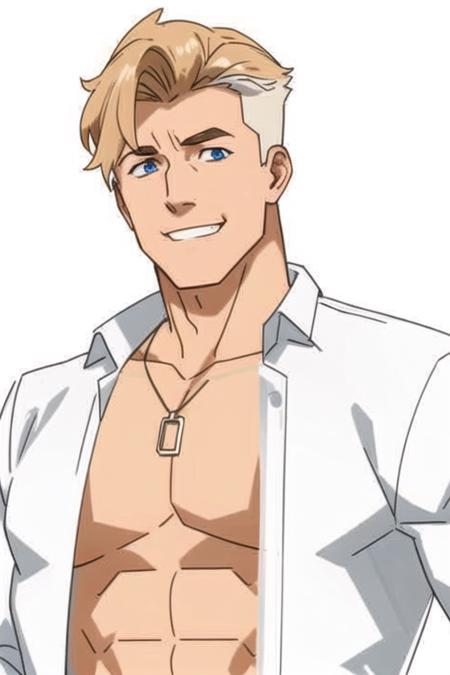 <lora:Invincible:0.75>, Invincible, masterpiece, best quality 1boy, male focus, solo, scar, blue eyes, pectorals, smile, necklace, blonde hair, muscular male, bara, jewelry, muscular, pectoral cleavage, scar on face, short hair, looking at viewer, shirt, upper body, jacket, white background, scar across eye, large pectorals, white shirt, open clothes, grin, open jacket, teeth, simple background, chain necklace, scar on cheek