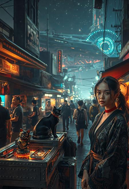 Setting is a futuristic cyberpunk street market at night, the market is comprised of street vendors selling robot parts, food, weapons, and robots. People wearing futuristic cyberpunk clothing are walking through the street market shopping and eating, A sleek black cat with red collar sits on a cluttered metal riveted desk with transparent top and micro-LED lighted computer components visible inside, On the desk is an ebony and gold maneki neko statue and futuristic art deco lighting, (((a beautiful woman, 24 years old, is standing in the foreground facing the viewer, she has an expression of interested curiosity)))))), the sleek black cat with red collar is sitting on the desk and watching the people walking by in the busy street market, the woman is dressed in futuristic cyberpunk Japanese style yukata with a plunging neck line alluring but Japanese classic aesthetic. An enormous art deco inspired starship with futuristic lighting and an enormous space station are visible in the background among the stars, The woman's hair is elegantly tied up with a ribbon. Artistic cyberpunk, dynamic perspective, (((overall architectural aesthetic is Art Deco Cyberpunk))).  Epic image that elicits a feeling of wonder and awe,