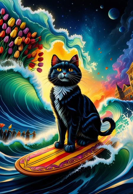 A dynamicoil painting of a cat Surfer, with metallic shimmering fur, riding barefoot his majestic board through a (cosmic wave made of tulip:1.5) background. Include a golden sun and a glowing star. Use strong light and shadow contrasts and hatching to emphasize the movement and drama of the scene. The cat Surfer should be placed centrally in the composition, with bold lines and intense colorfull tones to highlight his powerful pose and the expansive scenery, (a wave made of tulips:1.5),
This style merges comic-book boldness with classic animation’s charm. Characters have sharp, inked outlines, dramatic shadows, and fluid curves, moving with cartoonish elasticity but striking graphic-novel poses.
Backgrounds resemble painted storybooks—watercolor forests or ink-washed cities—lit by high-contrast drama. Deep blacks meet vibrant colors, blending grit and whimsy.
The palette shifts from moody monochrome to dreamlike hues, evoking noir comics and vintage animation. Each frame balances graphic rawness with hand-drawn polish, feeling nostalgic yet fresh—a fairy tale through a pulp-adventure lens.
