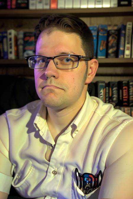 raw photo of a young adult man sitting on a couch, extreme close up, perfect face, glasses, white button up shirt, shelves of games in background, 8k uhd, fujifilm xt3