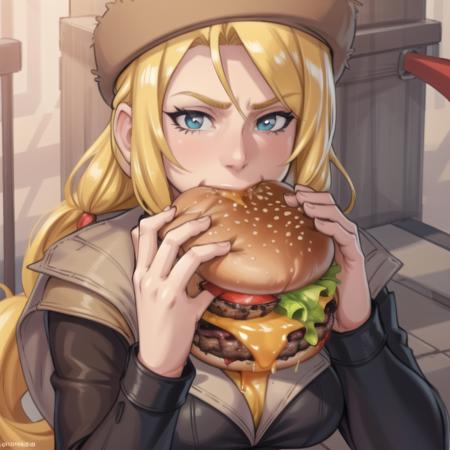 masterpiece, ultra high quality cg,  4K, best quality, middle-aged woman, milliaMS, two-handed burger, eating, holding huge burger with both hands, close-up