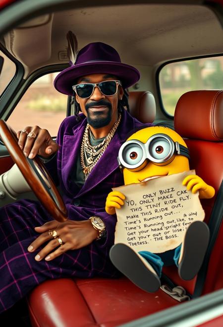 An anthropomorphic Snoop Dogg, radiating smooth charisma, sits confidently in the driver’s seat of a quirky, vintage Fiat 500. He’s decked out in his usual pimp regalia—deep purple velvet suit, wide-brimmed hat adorned with a feather, gold chains, and flashy rings—gripping the steering wheel with cool authority, his stylish cane resting against the dashboard.
In the cramped passenger seat, a mischievous Minion lounges next to him, its wide eyes peeking out from behind oversized goggles. Dressed in its classic blue overalls, the Minion holds a crumpled, slightly torn letter in its small hands. The edges of the letter are singed and stained, and the messy handwriting reads:
"YO, ONLY BUZZ CAN MAKE THIS TINY RIDE FLY.  
TIME’S RUNNING OUT—GET YOUR HEAD STRAIGHT OR LOSE IT.  
-THE BOSS."
Inside the Fiat, the interior is worn but still exudes retro charm with cracked leather seats and vintage details. Outside, a neon-lit Miami backdrop of swaying palm trees and gritty, shadowy streets contrasts sharply with the quirky little car. The scene is hyperrealistic, blending Snoop’s laid-back, larger-than-life presence with the Minion’s playful mischief and the car’s eccentric appeal, creating a vibrant, highly detailed tableau full of energy, humor, and surreal flair.
