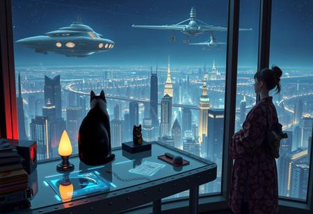 Jiji, the cat from Kiki's Delivery Service sits on a cluttered metal riveted desk with transparent top and rgb led computer components visible inside, On the desk are a maneki neko statue and a lava lamp, Jiji the Cat is looking out of a seamless and  Futuristic Art Deco Cyberpunk floor to ceiling window that looks out at a very high view from an apartment on the 400th floor of a futuristic Cyberpunk Art Deco skyscraper, the year is 2250, The Futuristic Art Deco Cyberpunk city has thousands of enormous wide and tall futuristic skyscrapers and space ships covered with lights in the sky, (((Kiki from Kiki's Delivery Service, 24 years old, is standing next to the cat looking out at the enormous city at night, filled with buildings of many shapes and sizes, some over a mile tall))), Kiki is dressed in an ornate Japanese style bath robe. An enormous starship with Futuristic Art Deco Cyberpunk lighting and design is visible high above the city, and a space station is visible in the background among the stars, The woman's hair is messy from just waking up and tied up with a ribbon. Artistic Futuristic Art Deco Cyberpunk designs, dynamic perspective, The focus is on Jiji and Kiki standing together looking out the window at the view together, The entire room is visible and everything has a Futuristic Art Deco Cyberpunk design, sofa, hologram on table displaying news, a small bed,