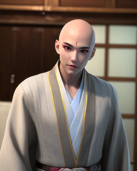 a person with a bald head and a pair of scissors in their hands, in a video game with a background of a door, 1boy, bald, blurry, blurry background, blurry foreground, brown eyes, depth of field, japanese clothes, male focus, photo \(medium\), solo, upper body