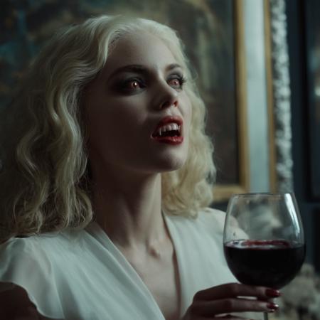cinematic film still of  <lora:vampire style v2:0.9>
 <lora:celluloid film skintone color style:0.3>
Vampire pale skin undead creatures of the night a woman holding a wine glass in front of a painting,1girl,long hair,blonde hair,holding,collarbone,white hair,lying,cup,lips,fingernails,holding cup,alcohol,drinking glass,realistic,wine glass,wine,cinematic,filmic,realistic,movie still,horror themed,vampire style , detailed, detailed background, detailed scene, detailed teeth, detailed fangs, shallow depth of field, vignette, highly detailed, high budget, bokeh, cinemascope, moody, epic, gorgeous, film grain, grainy