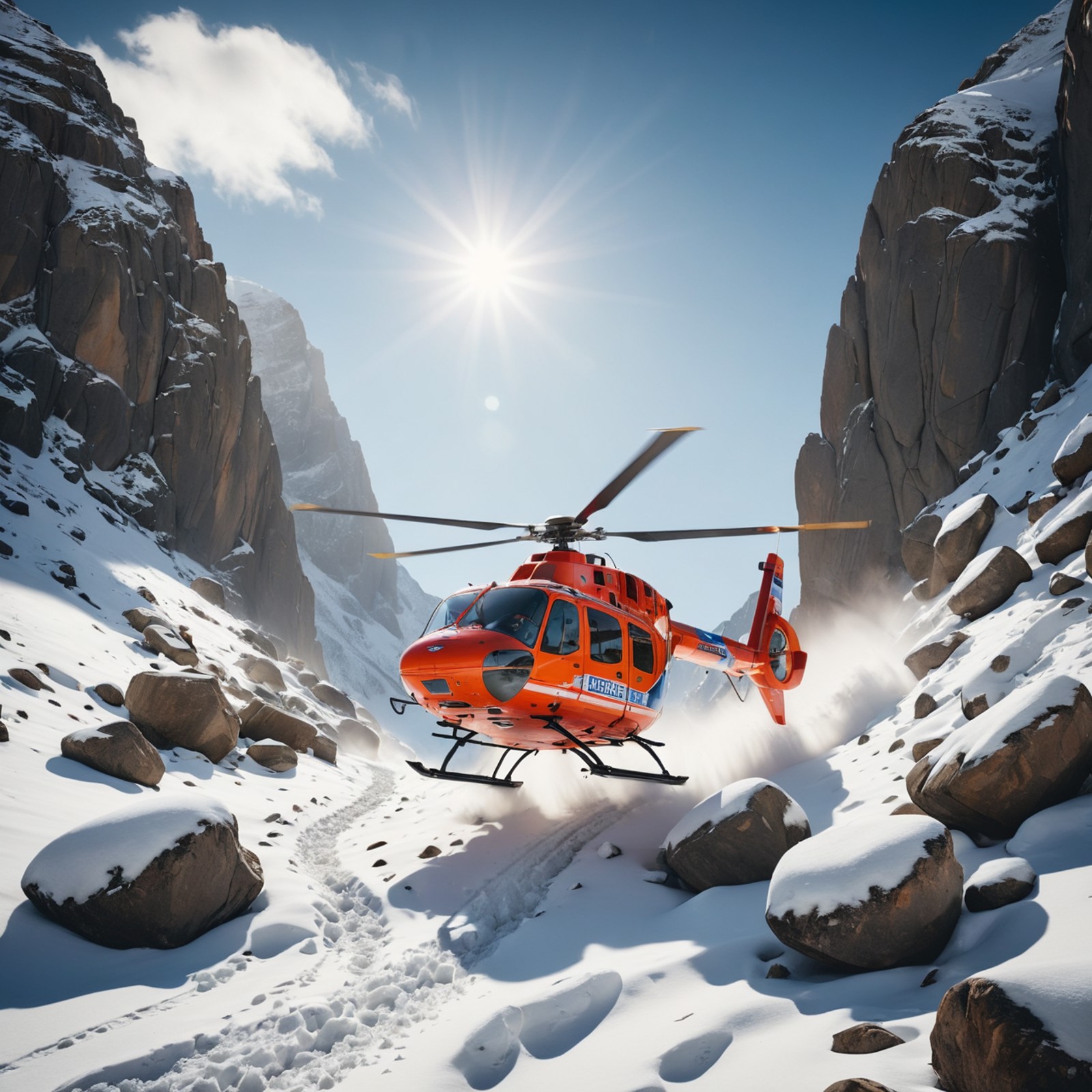 Helicopter making a daring mountain rescue, rotor wash kicking up snow and rocks., (digital cinematic color grading natura...