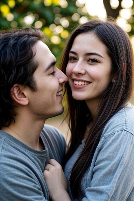 Portrait of a smiling young couple embracing and looking at each other outdoors, <lora:LCM_LoRA_Weights_SD15:1>