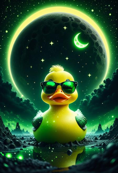 lazympos, (Necron:1.2), electricity, green glow, green theme, cinematic, kawaii style cinematic film still breathtaking , Depict a whimsical rubber duck wearing stylish sunglasses beneath a breathtaking eclipse. The scene is set against a dark sky sprinkled with twinkling stars as the moon partially obscures the sun, casting a mesmerizing crescent glow. The duck's bright yellow contrasts with the Green cosmic spectacle, while its sunglasses reflect the celestial event, adding a playful yet surreal touch. The atmosphere is both humorous and visually striking, blending the absurd with the grandeur of space. . award-winning, professional, highly detailed, shallow depth of field, vignette, highly detailed, high budget Hollywood film, bokeh, cinemascope, moody, epic, gorgeous, film grain . cute, adorable, brightly colored, cheerful, anime influence, highly detailed