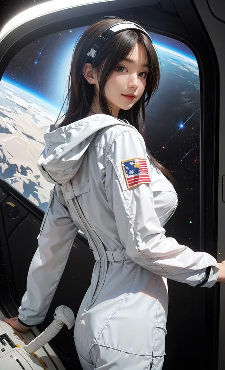 (Did We Really Love), (masterpiece, best quality), (photo realistic), (photograpy), (intricate detail, Detailed Face), high-resolution, HDR, 1girl, solo focus, 20 years old sexy korean girl,
back view, looking at viewer,
Light smile,
variety of hairstyles,
(Space suit, space helmet, spacewalk),
(Space Background),
big breasts,
wide hip:0.4,