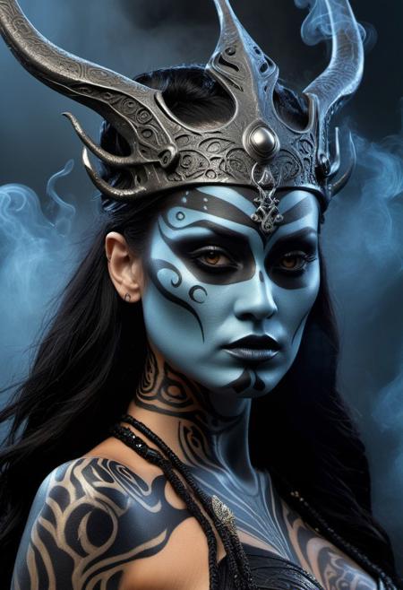  masterpiece, by HGHD, perfect close up portrait of The Dark Queen of undead, maori, the depths of hades behind her, trident dynamic full body shot in hand, ultra detailed ,Realistic modern Style. burning ash drifting in the air, whisps of sulfur smoke.