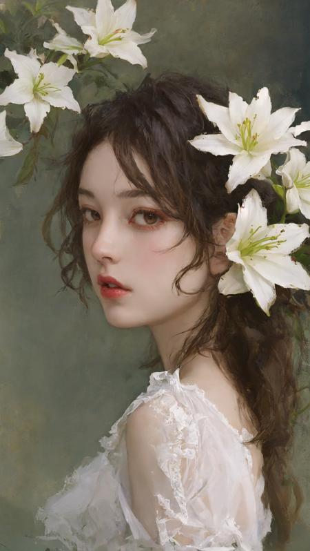 Best quality,masterpiece,1girl,beautiful_face,eyebrows_visible_through_hair,lily_\(flower\),dress,holding_flower,from_side,