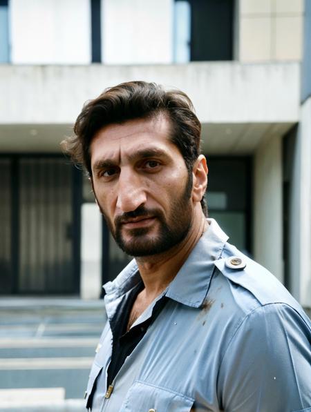 full medium body shot, photo of (Fares Fares:1.3) in a police uniform, front view, in front of a building, (55 years old:1.1), skin detail, pores, (male long medium-length messy hair:1.2), studio light, natural lighting, 4k uhd, dslr, soft lighting, high quality, Fujifilm XT3 <lora:Fares_FaresSD15_v1a-000015:0.7>