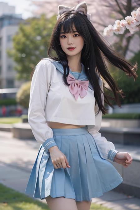 ltra-detailed,highly detailed,best quality,masterpiece,illustration,realistic,photorealistic,
hutao, solo, 1girl, cosplay, 
school uniform, sailor collar, serafuku, long sleeves, bowtie, pleated skirt, midriff peek, 
long hair, bangs, hair bow, 
looking at viewer, cowboy shot, standing, 
outdoors, day, photo background, grass, park,cherry blossoms, falling petals, wind,
 <lora:hutao_jk_v1_03:0.7>