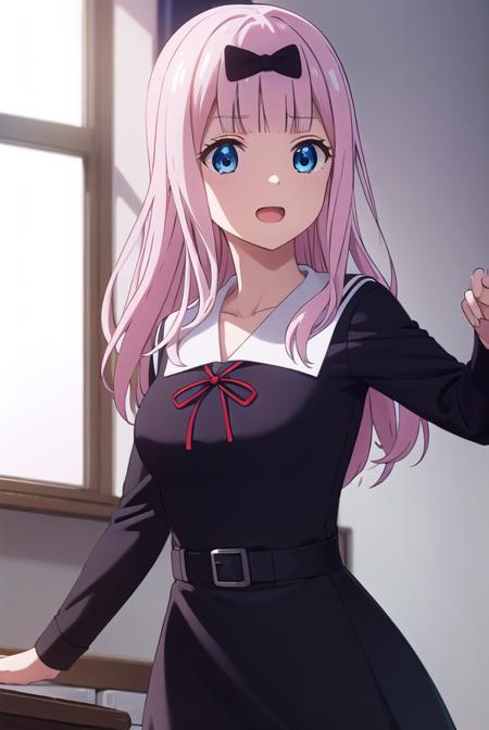 chikafujiwara, <lora:chika fujiwara s3-lora-nochekaiser:1>,
chika fujiwara, long hair, bangs, blue eyes, bow, pink hair, (hair bow:1.2), blunt bangs, black bow, smile, open mouth,
BREAK long sleeves, dress, ribbon, school uniform, collarbone, (black dress:1.2), sailor collar, white sailor collar, red ribbon, neck ribbon, shuuchiin academy school uniform,
BREAK indoors, classroom,
BREAK looking at viewer, (cowboy shot:1.5),
BREAK <lyco:GoodHands-beta2:1>, (masterpiece:1.2), best quality, high resolution, unity 8k wallpaper, (illustration:0.8), (beautiful detailed eyes:1.6), extremely detailed face, perfect lighting, extremely detailed CG, (perfect hands, perfect anatomy),