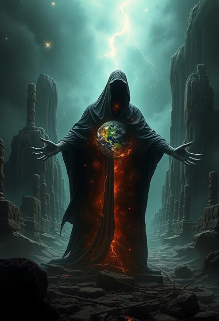 A universe inside a dark cloaked figure within mysterious landscape in an unfathomable realm of fantastic creation inhabited by ancient shadows of a forgotten time beyond the gate of the gateless gate where life is limitless, light is shadow and shadow is light, eerie sense, horror, spark of the beginning, existence and nonexistence at once, ethereal, outstretched arms, behold the end of the beginning, inglorious glory to the dark one, betrayal of the ancient order, beware the 7headed beast, destroyer of the old ways, bearer of the unbearable, nightmarish, archaic runes, tree aging backwards, breath of the gods, ruins of a place unimagined, extreme intricate detail, photorealistic, beyond epic scene, fate discarded, unseeable face of god, the end is the beginning, the beginning is the end, man arises as god dies, as above so below, as below so above, emerald tablet, thoth, guardian and saboteur of existence, hopeless hope, ghosts of the unborn, conception of the inconceivable, cosmic well of imperceptible perception, evil aura, infinite emptiness, pillars of void, overwhelming subtlety