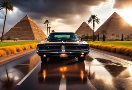 cinematic photo of dodge Charger 1968, magnificent three pyramids of Giza appear clearly, charm, highly detailed car, Professional lighting, full of life, Lively and energetic, 8K, rays of sun flow beyond heavy clouds, HDR, Fast & Furious movie, motion blur, moving tires, Cinematic Shot, Cinematic Lighting, amazing world, pure perfection, Need For Speed, wide angle exterior background, drifting, wet asphalt road, autumn leaves, grass, flowers, jasmine flowers, palm trees, nebula horizon.