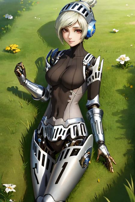 (masterpiece, best quality:1.2), from above, solo, 1girl, unit024, android, slight smile, looking at viewer, lying, on back, single hair bun, armor, outdoors, grass <lora:persona4u_unit024-15:1>