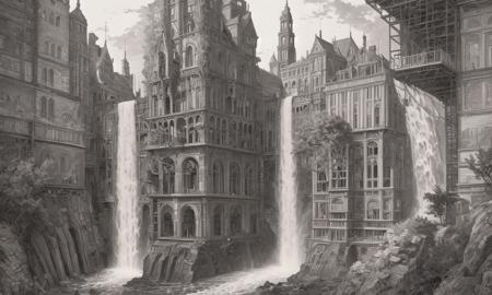 (masterpiece), A stunning and intricate high contrast (line drawing:1.2) of a Diverse  landscape, a waterfall,scaffolding,aquarium,Monuments,partially collapsed,rocks,eclectic facades  very detailed