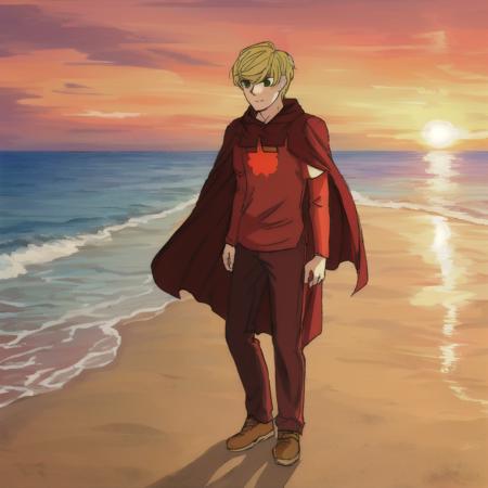 <lora:davestrider-21:0.75> davestridergodtier, 1boy, solo, blonde hair, beach, sunset, cape