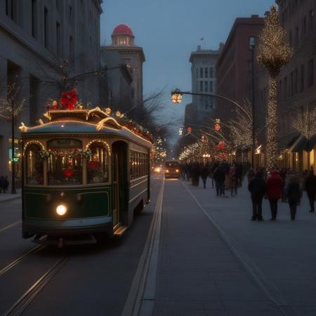 early evening, downtown with Holiday Decorations, storefronts are decorated for holidays, Trolly heading into downtown, people on the sidewalks looking into windows
