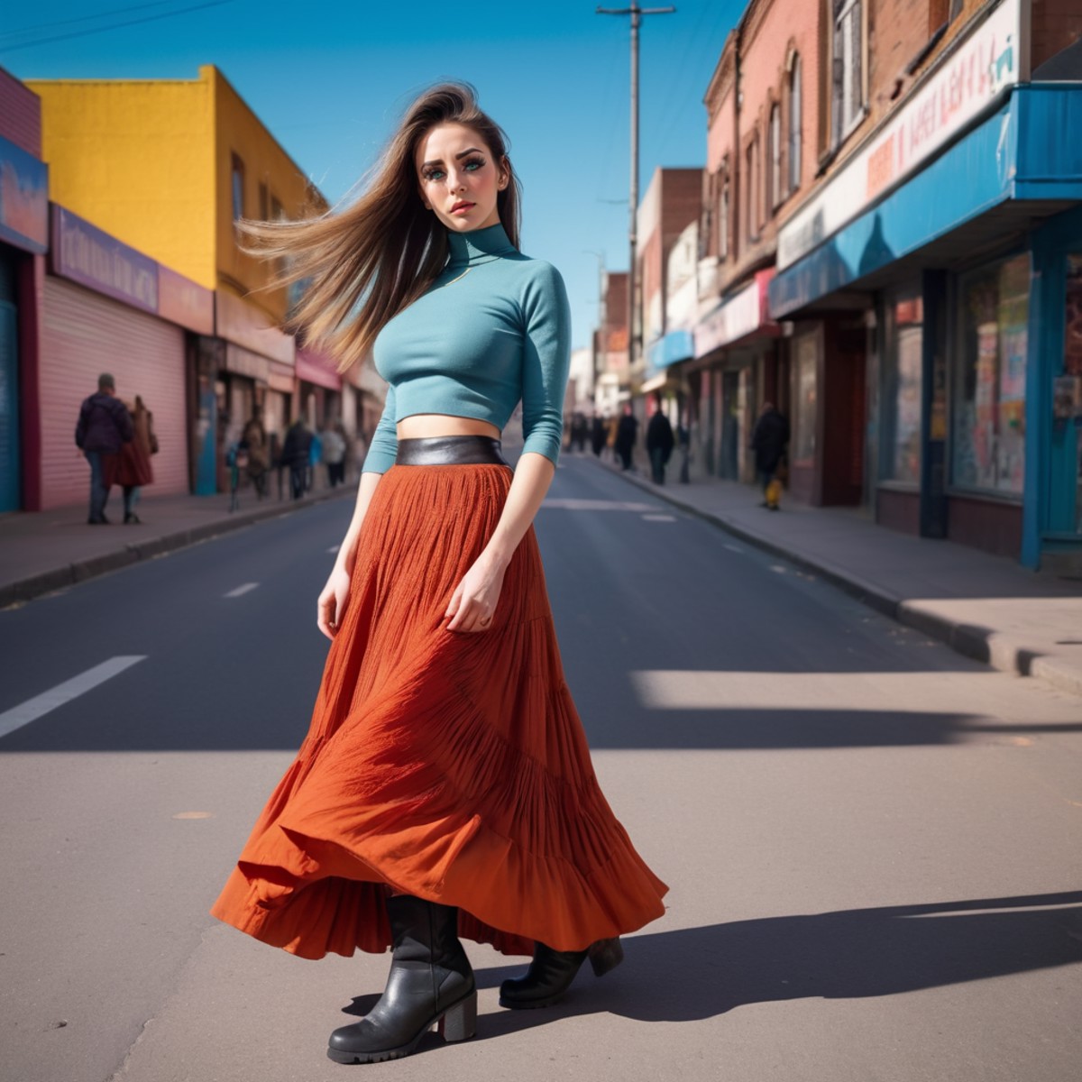 Cinematic photograph. Woman wearing a long skirt and top and boots with extremely long eyelashes. Vivid colour. Extremely ...