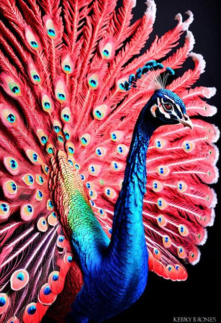 , a beautiful peacock (made of out coral) folding his wings, limited dark color palette, vividly detailed, microscopically detailed, (professional photo but beautiful:1.3), hyper realistic and highly, (best quality:1.5), highres, dramatic light, by Steve McCurry, by Rembrandt, (by Kerby Rosanes:1.4),, epiCPhoto