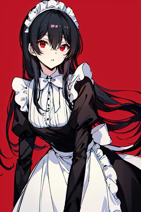 <lora:may:0.8>1girl, solo, red eyes, long hair, red background, maid, maid headdress, black hair, apron, simple background, looking at viewer, long sleeves, dress, parted lips, maid apron, puffy sleeves, juliet sleeves, bangs, bow, very long hair, white bow, hair between eyes