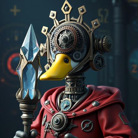 Clockwork construct of duck with face made up of intricate clockwork gears of intricate ever-changing geometric patterns, wearing arcane robes with time-related symbols, holding a crystalline time-warping staff, realistic render, Dungeons and Dragons, Fantasy, octane render, zbrush. Character design, photorealistic, unreal engine, hyper-detailed, concept art, trending on art station. ((best quality)), ((masterpiece)), ((realistic)), (detailed), close up portrait, steampunk duck, holding a crystalline time-warping staff, looking at the viewer, Fantasy art, stunning gradient colors, no watermark signature, closed mouth, detailed background, high fantasy secret cloning lab, cloning vat chamber, dark and mysterious cloning vat chamber, closed mouth, insanely detailed, , ((masterpiece)), absurdres, HDR,DonMSt34mPXL