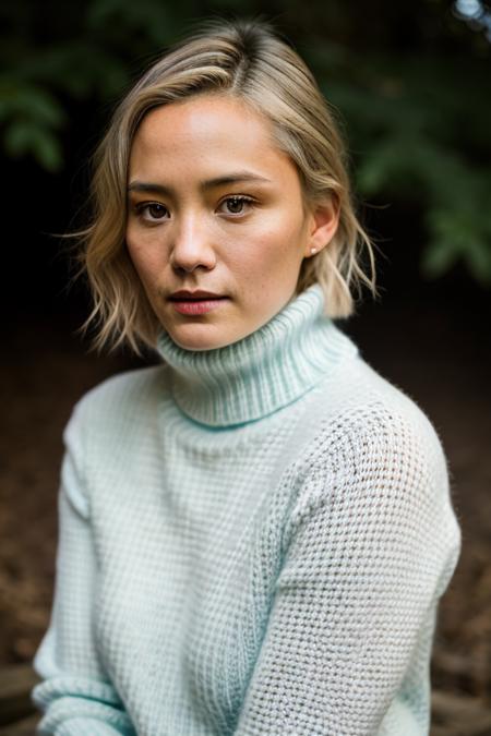 Realistic photo of a beautiful p0mkl3m-v1 woman, 1girl, solo, looking at viewer, smile, short hair, blue eyes, blonde hair, upper body, outdoors, blurry, sweater, lips, blurry background, turtleneck, crossed arms, ribbed sweater, turtleneck sweater, realistic, white sweater, soft lighting, professional Photography, Photorealistic, detailed, RAW, analog, sharp focus, 8k, HD, DSLR, high quality, Fujifilm XT3, film grain, award winning, masterpiece<lora:p0mkl3m-v1:1.0>