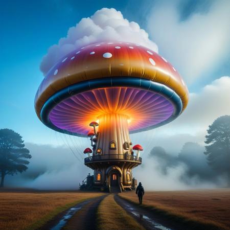 sfw, shnywrld, art style,  ,masterpiece,(best quality),extremely detailed ,   scifi, cyberpunk, steampunk, inflatable, zipper, mushroom, dramatic scene, in an open space, liminal,colourful fog, mist,colourful smoke, , shnywrld<lora:challenge\shinyworld_2dim.safetensors:0.75:0.75>