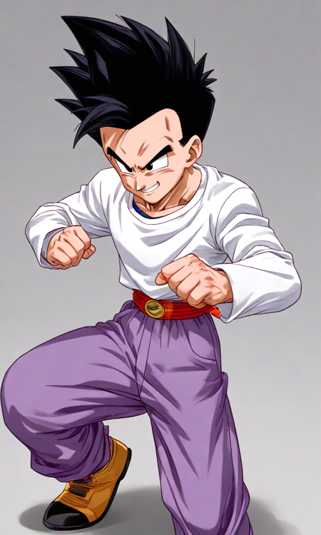 1boy, Goten, spiky hair, straight and tilted hair, black hair, black eyes, white long sleeved shirt, purple t shirt underneath, lavender chino pants, light beige golden boots, solo