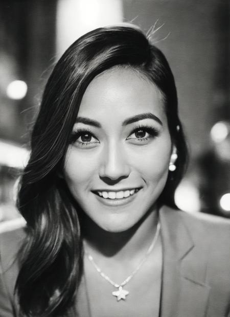 candid RAW close up portrait photo of sks woman in a (purple colored suit:1.0) on a dark street with shopping windows (at night:1.2), bokeh, Ilford Delta 3200 film, dof, high definition, detailed, intricate, flashlight, <lora:locon_karenfukuhara_v1_from_v1_64_32:1.25>