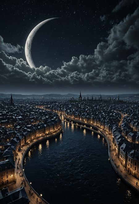 giant crescent moon over the city, in the fantasy art style, a fantasy city in the foreground, a river flowing through the center of the scene, a dark sky with stars, night time, atmospheric perspective, a fantasy concept art, high resolution, high detail, an ultra realistic style, cinematic photography, volumetric lighting, rendered in Octane.