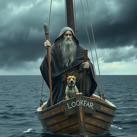 wizard, 40yo, handsome, in woolen cloak, very  white complexion, scar on cheek, standing in prow of small sail boat, wooden boat, squinting into the distance, looking into the distance, small dog at his side, wooden staff, leaning, simple boat, boat name written on prow in small letters, "LOOKFAR" calm sea, storm on the horizon,