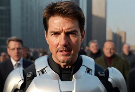 Focus on facial features such that the photo cannot be reject as AI generated. Cinematic  Masterpiece dynamic (cinematic shot:1.6) (Tom Cruise as Iron Man) action pose in [Silver Liquid letallic (Compact Tech Suit up)|(Nano Tech Suit Test)] (face looking pursuit:1.4) in [polaroid:photograph:0.5]  and ( davinci_:0.5), shout , detailed eyes, detailed pupils, clean face BREAK <lora:epi_noiseoffset2:0.50>, clear sky with clouds, Manhattan, explosion, hand gun , jet pack, Dusk, mythic, fable, legend, digital art , [ : <lora:add_detail:0.7>:0.10] , symmetry, hyper realistic, detailed, intricate, best quality, hyper detailed, ultra realistic, sharp focus, bokeh, HQ, 8K, high angle RAW photo shot on IMAX, film grain, masterpiece photographic art, (photo realistic:1.6), depth of field, rule of thirds
