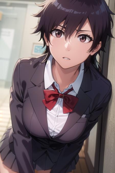 tatsuki, short hair, black hair, long hair, (brown eyes:1.5), skirt, bow, school uniform, jacket, blazer, red bow, long sleeves, grey blazer, grey skirt, t-shirt, shirt, yellow shirt, short sleeves, pants, purple pants,