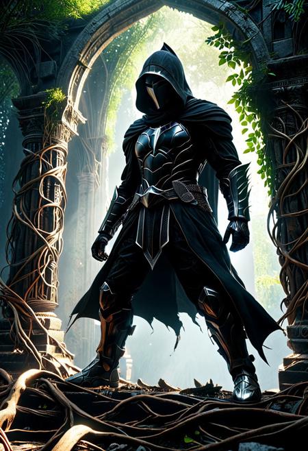 epic a hooded dark knight with hood made of roots, standing atop a ruined temple, sunbeam, dynamic pose as if mid-battle, shattered stone debris at his feet, vines, cinematic volumetric lighting, hyper-realistic marble texture, 8k resolution, dramatic shadows, Unreal Engine 5 rendering, fir needle style, cool, shining, Fractangles, PG-TR
