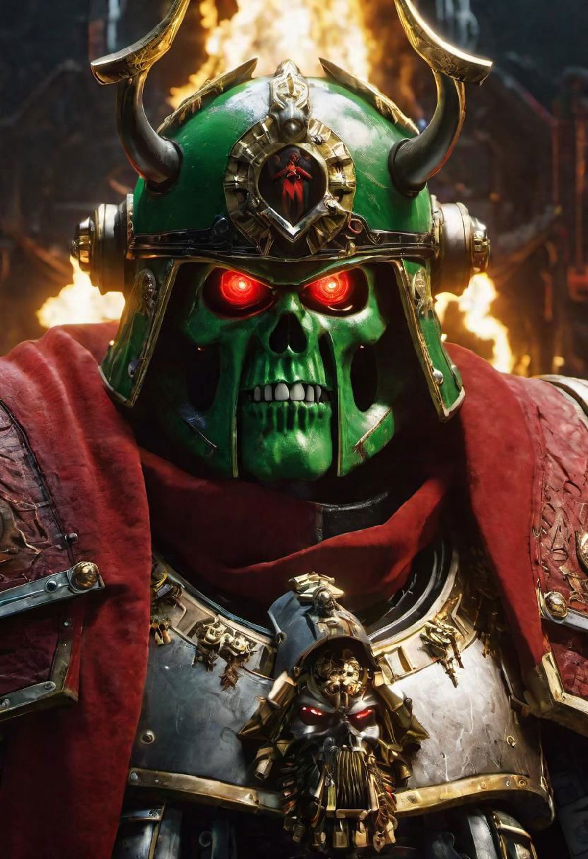 A green-faced character wearing a green helmet with horns and a red cape.