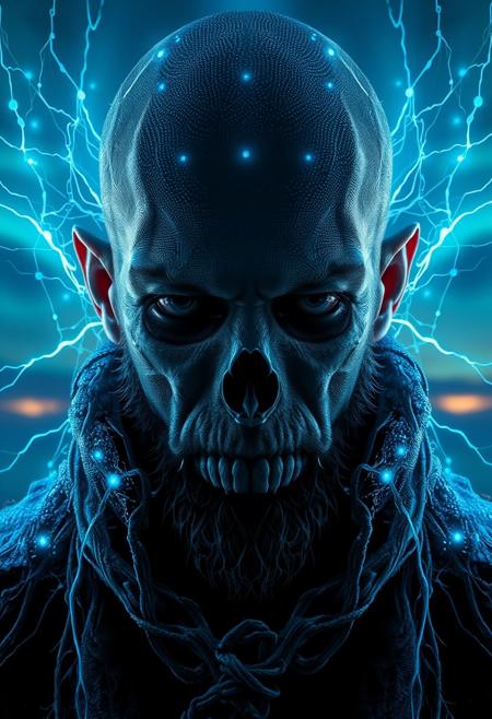 A symmetric portrait of a male, evil frozen necromancer, features dissolving into frozen magic thin, luminescent blue lines. Weighted Voronoi stippling and laser caustics create a network, transitioning from hyperrealistic detail to abstract, quantum-inspired forms. Ethereal hues blend, evoking existential transition and mystery. Close-up on face, evil skull partially visible. Set against a twilight arctic backdrop, icy winds ripple through his tattered robes. Rendered in a fusion of photorealism and digital surrealism, the scene is illuminated by ghostly Northern Lights. Emphasis on cold, menacing atmosphere, invoking Nordic myths