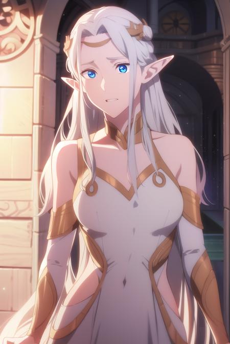 fymryn, <lora:fymryn-lora-nochekaiser:1>,
fymryn, goddess mene, pointy ears, elf, white hair, 
BREAK choker, circlet, white dress, dress,
BREAK looking at viewer,
BREAK outdoors,
BREAK <lora:GoodHands-vanilla:1>, (masterpiece:1.2), best quality, high resolution, unity 8k wallpaper, (illustration:0.8), (beautiful detailed eyes:1.6), extremely detailed face, perfect lighting, extremely detailed CG, (perfect hands, perfect anatomy),