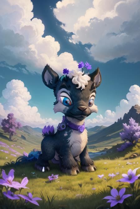 (masterpiece, best quality, highly detailed:1.0), ixi, <lora:Ixi:0.70>, montana, streams, clouds, bluish sky, few flowers, grazing, goat eating grass,black fur, white spots, bright violet eyes