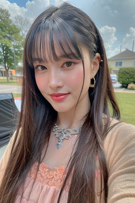 1girl, solo, skinny, brown eyes, black hair, looking at viewer, smile, dress, jewelry, earrings, gradient hair, flowers, outdoors, , (pastel:1.2), hyper realistic, lifelike texture, RAW, (best quality, masterpiece:1.2), (intricate details:1.3), (photo-realistic:1.3), ultra detailed, realistic skin texture, extremely detailed,