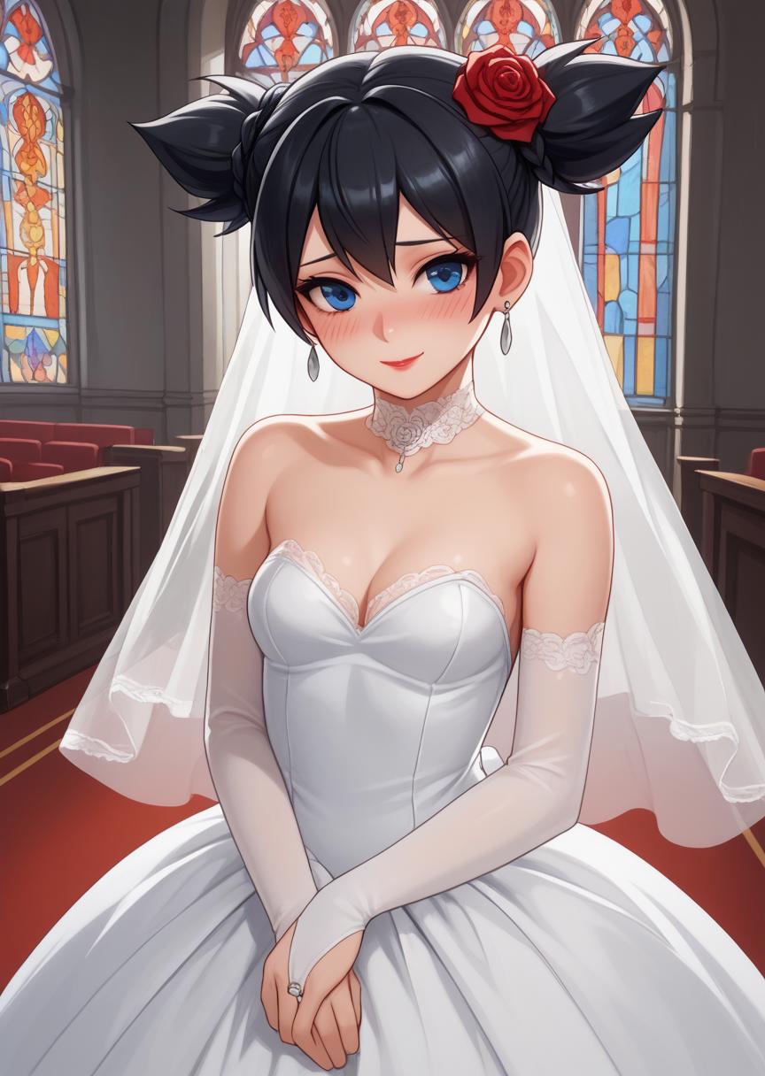 score_9, score_8_up, score_7_up, score_6_up, score_5_up, BREAK
Kurum1Nu1, Human, female, 1girl, solo, blush, blue eyes, black hair, hair ornament, dress, twintails, jewelry, flower, earrings, choker, (one hair flower), wedding dress, wedding veil, red rose, short twintails, bridal gauntlets, blush, deep blush, shy smile, lipstick, makeup, church, indoors