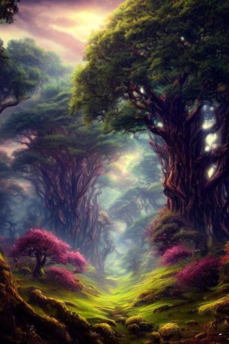 Masterpiece, best quality, UHD, 16k, high res, high detailed, 
ancient mysterios lands,  giants trees in forest,
epic, soft colors,