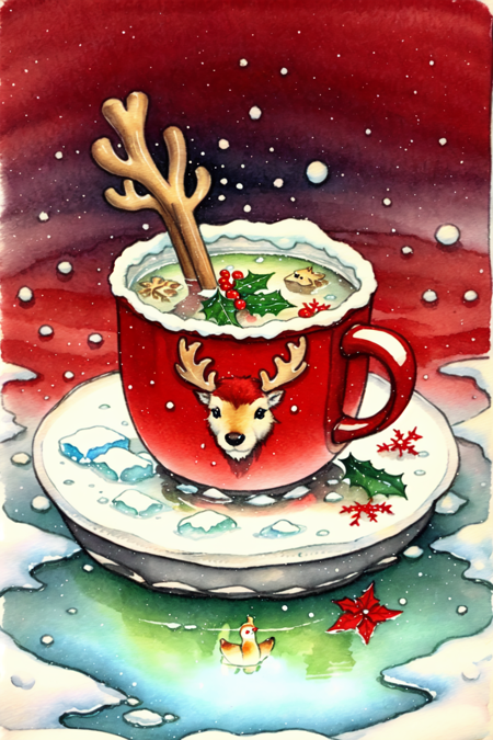 <lora:ChristmasFood:0.8> ChristmasFood, Reindeer in a soup mug, partially submerged, ice, frost, reflection, snow, traditional media, red theme