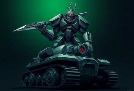 Create a high-quality, ultra-detailed image of a robot Big Cannon Ogre standing on top of an Ancient Gear Tank, with a gradient from green to black. The Ogre should be a handsome, Frankenstein-like character holding a jagged scimitar. Incorporate correct, fancy proportions and symmetry. Draw inspiration from the styles of Ilya Kuvshinov, Katsuhiro Otomo, Magali Villeneuve, Artgerm, Jeremy Lipkin, Michael Garmash, and Rob Rey, as well as the aesthetic of Riot Games.