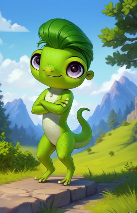 VinnieTerrioCartoon, Gecko,  green gecko,   purple-gray eyes,